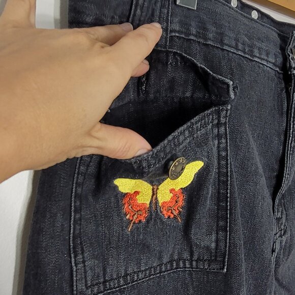 Fancy Denim Vintage Black 100% Cotton Butterfly Embroidered Denim Skirt Large - Picture 3 of 12